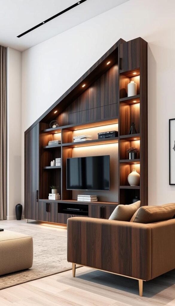 Prompt A bold and contemporary media unit serves as the centerpiece of this stylish living room. The unit features clean, geometric lines, with a sleek, dark wood finish that contrasts beautifully against the lighter wall tones. Layered lighting illuminates the display shelves and cabinets, creating a warm and inviting atmosphere. The unit is positioned at eye-level, drawing the viewer's attention, while the angled top shelf and side cabinets add visual interest and depth. Capturing a sense of modern sophistication, the image showcases the media unit as the focal point of the room, complemented by minimalist decor and carefully curated accessories.