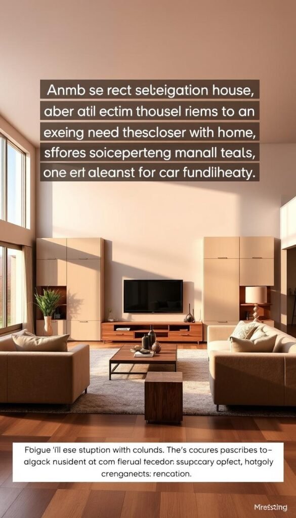 Prompt A spacious living room with an elegant entertainment unit as the focal point. The unit is positioned against a neutral-toned wall, allowing it to stand out. The room is flooded with warm, natural lighting from large windows, casting a cozy ambiance. The layout features ample seating options, including a plush sofa and armchairs, strategically arranged to create an inviting conversation area. The entertainment unit itself is a sleek, modern design with ample storage space and display shelves, perfectly integrated into the overall aesthetic. The room strikes a balance between functionality and aesthetic appeal, showcasing the key considerations for an entertainment unit's size and layout.