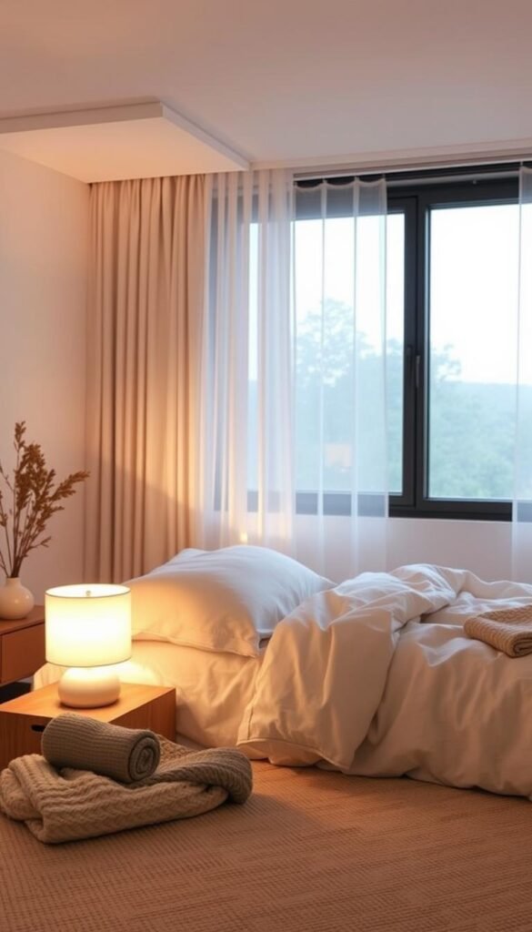 Relaxing bedroom lighting ideas: a serene, cozy scene with soft, warm illumination from a pair of bedside table lamps, their muted glow casting a gentle ambiance across the room. In the background, a large window allows natural light to filter in, creating a tranquil, ethereal atmosphere. The bed is dressed in crisp, light-colored linens, inviting a sense of rest and relaxation. Subtle textures, such as a plush area rug and a knit throw, add visual interest and tactile comfort. The overall mood is one of calm, soothing tranquility, perfect for a restful night's sleep or a moment of quiet contemplation. Relaxing bedroom lighting ideas: a serene, cozy scene with soft, warm illumination from a pair of bedside table lamps, their muted glow casting a gentle ambiance across the room. In the background, a large window allows natural light to filter in, creating a tranquil, ethereal atmosphere. The bed is dressed in crisp, light-colored linens, inviting a sense of rest and relaxation. Subtle textures, such as a plush area rug and a knit throw, add visual interest and tactile comfort. The overall mood is one of calm, soothing tranquility, perfect for a restful night's sleep or a moment of quiet contemplation.