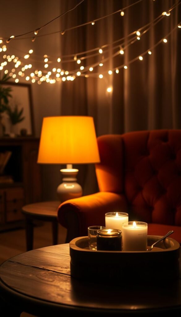 Romantic mood lighting techniques: a softly glowing table lamp casting warm amber light, illuminating a plush velvet armchair and a tray of scented candles on a wooden side table. In the background, string lights draped across the ceiling create a starry, intimate atmosphere. The lighting is gentle, diffuse, and evocative, perfectly setting the stage for a cozy, relaxing night. Romantic mood lighting techniques: a softly glowing table lamp casting warm amber light, illuminating a plush velvet armchair and a tray of scented candles on a wooden side table. In the background, string lights draped across the ceiling create a starry, intimate atmosphere. The lighting is gentle, diffuse, and evocative, perfectly setting the stage for a cozy, relaxing night.