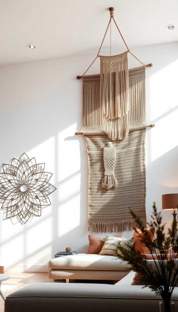 Stunning modern living room with a captivating array of unique wall hangings. In the foreground, a striking abstract metal sculpture with intricate geometric patterns casts dynamic shadows on the crisp white walls. Suspended from the ceiling, a graceful macrame wall hanging in earthy tones adds a natural, bohemian flair. In the middle ground, an oversized woven tapestry in muted hues creates a focal point, its intricate textures and patterns drawing the eye. Soft, diffused lighting from recessed fixtures and floor lamps sets a warm, inviting atmosphere, highlighting the diverse textures and materials of the eclectic wall decor. The overall effect is one of refined elegance and artistic visual interest, elevating the living space with a sense of elevated, gallery-like curation. Stunning modern living room with a captivating array of unique wall hangings. In the foreground, a striking abstract metal sculpture with intricate geometric patterns casts dynamic shadows on the crisp white walls. Suspended from the ceiling, a graceful macrame wall hanging in earthy tones adds a natural, bohemian flair. In the middle ground, an oversized woven tapestry in muted hues creates a focal point, its intricate textures and patterns drawing the eye. Soft, diffused lighting from recessed fixtures and floor lamps sets a warm, inviting atmosphere, highlighting the diverse textures and materials of the eclectic wall decor. The overall effect is one of refined elegance and artistic visual interest, elevating the living space with a sense of elevated, gallery-like curation.