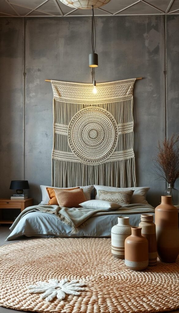 Textured wall decor ideas: A cozy, inviting bedroom scene featuring a large, weathered concrete wall with a beautiful woven tapestry hanging in the middle. Soft, warm lighting filters through the tapestry, casting a gentle glow over the space. In the foreground, a plush woven rug and a collection of earthenware vases and sculptures create a layered, organic feel. The overall atmosphere is one of relaxation and comfort, perfect for the "Textured and Woven Decor for Warmth" section of the article. Textured wall decor ideas: A cozy, inviting bedroom scene featuring a large, weathered concrete wall with a beautiful woven tapestry hanging in the middle. Soft, warm lighting filters through the tapestry, casting a gentle glow over the space. In the foreground, a plush woven rug and a collection of earthenware vases and sculptures create a layered, organic feel. The overall atmosphere is one of relaxation and comfort, perfect for the "Textured and Woven Decor for Warmth" section of the article.