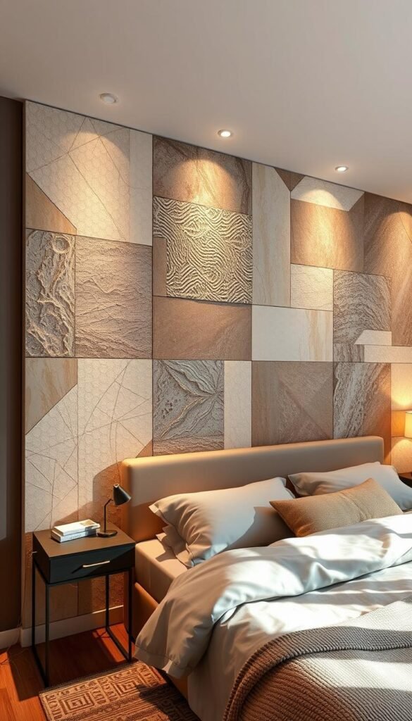 Textured wall panels in a cozy bedroom setting, with intricate patterns and a warm, inviting atmosphere. The panels feature a mix of geometric and organic textures, creating a tactile and visually interesting focal point. The room is illuminated by soft, ambient lighting, casting subtle shadows that accentuate the depth and dimension of the panels. The overall mood is one of relaxation and comfort, with a neutral color palette that allows the textural elements to take center stage. A panoramic camera angle captures the full breadth of the feature wall, showcasing its seamless integration into the surrounding space.