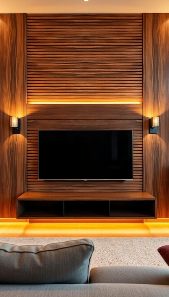 Walnut slatted feature panels media wall with warm, natural lighting illuminating the wood grains. A minimalist, mid-century modern living room interior with the panels framing a large flat-screen TV. The slats run horizontally, creating a calming, linear pattern that draws the eye. Soft, diffused lighting from sconces casts a cozy, inviting glow. The wall anchors the space, blending rustic and contemporary elements for a stylish, nature-inspired design.