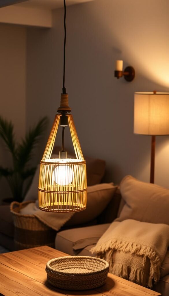 Warm, cozy boho lighting setup with natural, earthy materials. A pendant light crafted from woven rattan, its soft glow illuminating a rustic wooden table. Nearby, a floor lamp made of bamboo casts a gentle light over plush textiles and woven baskets. In the background, a wall-mounted sconce with a linen shade adds depth and texture to the scene. The lighting creates a inviting, soothing ambiance, perfect for a cozy boho-inspired living space. Warm, cozy boho lighting setup with natural, earthy materials. A pendant light crafted from woven rattan, its soft glow illuminating a rustic wooden table. Nearby, a floor lamp made of bamboo casts a gentle light over plush textiles and woven baskets. In the background, a wall-mounted sconce with a linen shade adds depth and texture to the scene. The lighting creates a inviting, soothing ambiance, perfect for a cozy boho-inspired living space.