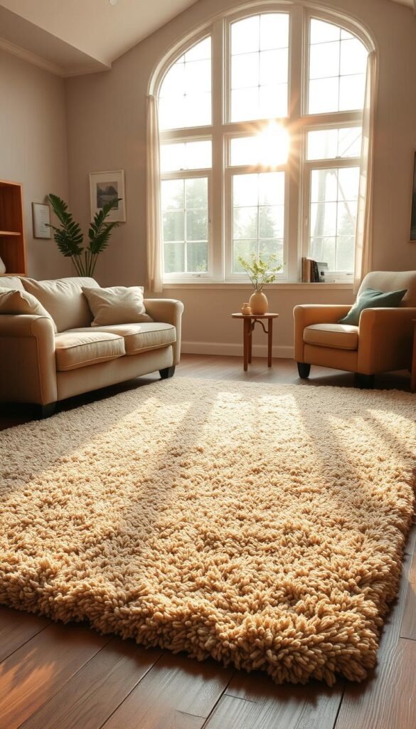 a cozy living space with a plush, high-quality area rug as the foundation. the rug has a neutral, earthy tone and a soft, shaggy texture that invites you to sink your toes in. the rug is centered in a well-lit room with natural light streaming in from large windows, casting a warm, golden glow throughout. the furniture around the rug is minimal but comfortable, including a deep, overstuffed sofa and armchair in complementary colors. the overall atmosphere is one of relaxation and coziness, perfect for curling up with a good book or enjoying quality time with loved ones. a cozy living space with a plush, high-quality area rug as the foundation. the rug has a neutral, earthy tone and a soft, shaggy texture that invites you to sink your toes in. the rug is centered in a well-lit room with natural light streaming in from large windows, casting a warm, golden glow throughout. the furniture around the rug is minimal but comfortable, including a deep, overstuffed sofa and armchair in complementary colors. the overall atmosphere is one of relaxation and coziness, perfect for curling up with a good book or enjoying quality time with loved ones.