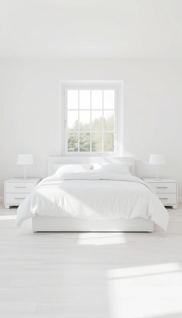 a high-key, well-lit bedroom setting with a simple, minimalist white foundation. in the foreground, a neatly made white bed with crisp, pristine linens and a fluffy white comforter. the bed is flanked by two sleek, modern white nightstands with subtle hardware. in the middle ground, a large, airy window floods the room with soft, natural light, casting gentle shadows. the walls are a clean, pure white, with a subtle texture. the floor is a smooth, light-colored hardwood. the overall atmosphere is serene, calming, and inviting, highlighting the essential elements of a tranquil, bright white bedroom. a high-key, well-lit bedroom setting with a simple, minimalist white foundation. in the foreground, a neatly made white bed with crisp, pristine linens and a fluffy white comforter. the bed is flanked by two sleek, modern white nightstands with subtle hardware. in the middle ground, a large, airy window floods the room with soft, natural light, casting gentle shadows. the walls are a clean, pure white, with a subtle texture. the floor is a smooth, light-colored hardwood. the overall atmosphere is serene, calming, and inviting, highlighting the essential elements of a tranquil, bright white bedroom.