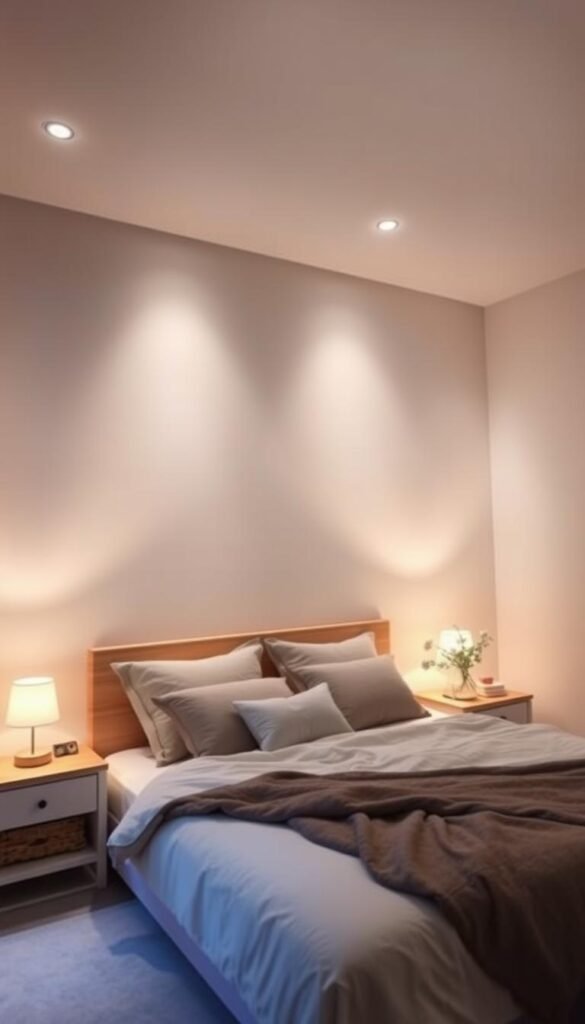 a serene bedroom with soft, glowing circadian rhythm lighting that gradually shifts through different hues and intensities to mimic the natural cycle of daylight, creating a calming and sleep-inducing ambiance. The lighting is evenly distributed throughout the space, with subtle illumination from recessed fixtures in the ceiling and bedside lamps that emit a warm, inviting glow. The room is furnished with a comfortable, plush bed, natural wood accents, and minimal decor to promote relaxation and rest. The overall aesthetic is minimalist and soothing, with a focus on creating a tranquil, sleep-friendly environment.