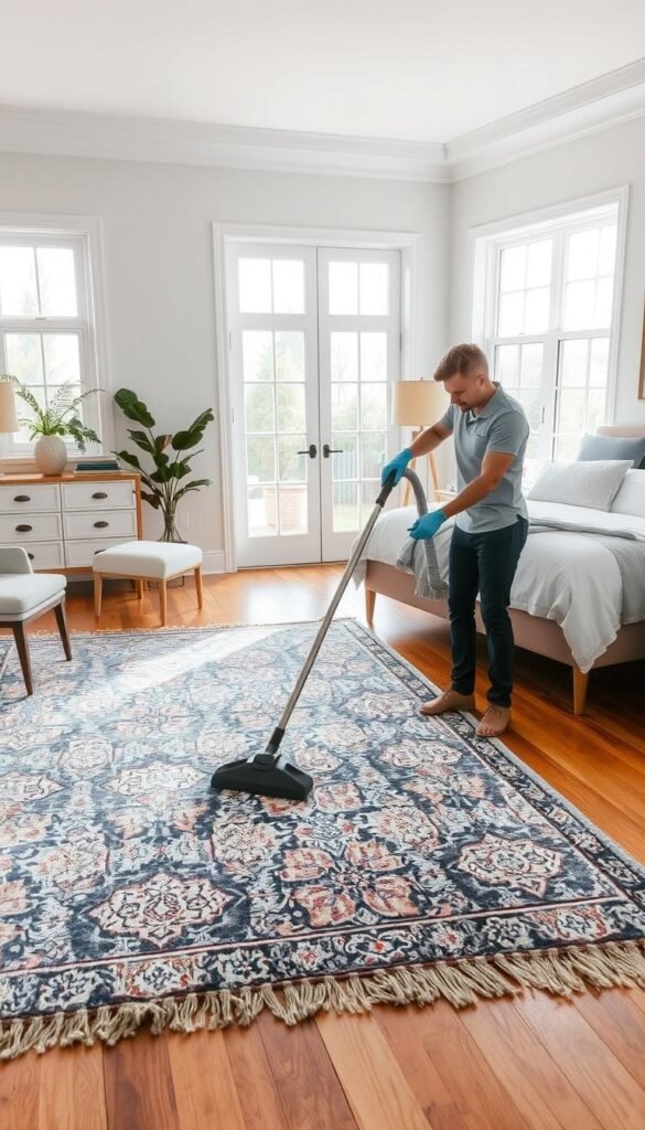 a well-organized rug care and maintenance scene in a modern, well-lit bedroom interior, with a beautiful handwoven area rug taking center stage. The rug is being carefully vacuumed by a person wearing cleaning gloves, showcasing the proper technique. The room has white walls, hardwood flooring, and minimalist furniture pieces that allow the rug to be the focal point. Warm, natural lighting streams in through large windows, creating a serene and inviting atmosphere. The overall scene emphasizes the importance of regular rug care to maintain its condition and longevity. a well-organized rug care and maintenance scene in a modern, well-lit bedroom interior, with a beautiful handwoven area rug taking center stage. The rug is being carefully vacuumed by a person wearing cleaning gloves, showcasing the proper technique. The room has white walls, hardwood flooring, and minimalist furniture pieces that allow the rug to be the focal point. Warm, natural lighting streams in through large windows, creating a serene and inviting atmosphere. The overall scene emphasizes the importance of regular rug care to maintain its condition and longevity.