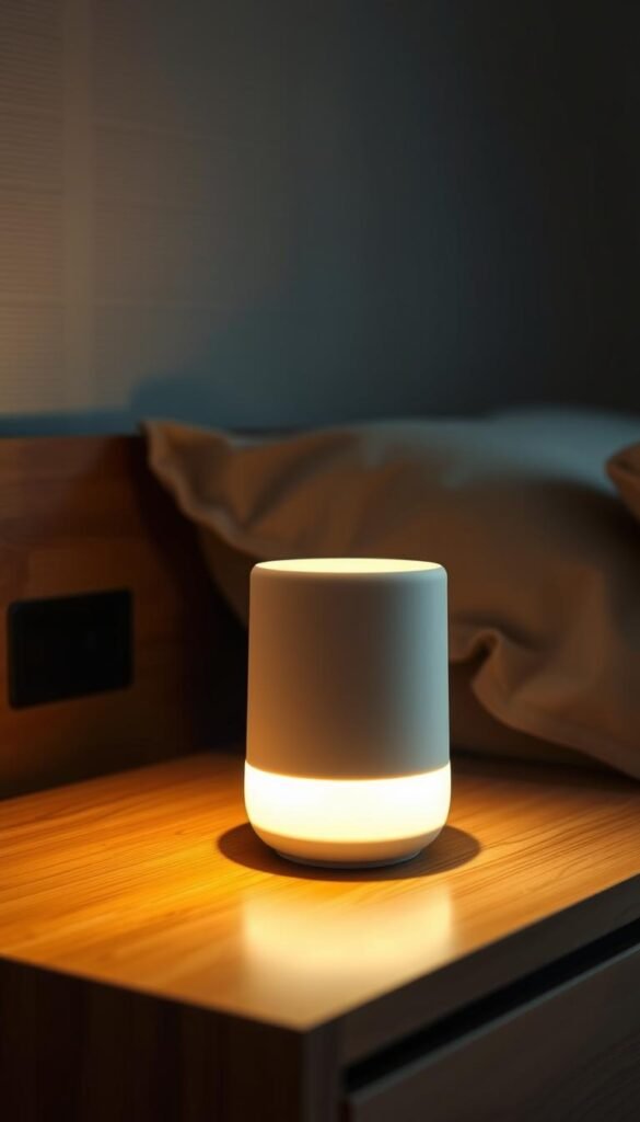 a white noise machine for sleep, with a minimalist, soothing design, resting on a wooden nightstand in a cozy, dimly lit bedroom. The machine has a sleek, cylindrical shape with a soft glow emitting from its surface, creating a calming ambiance. The lighting is warm and natural, with a slight vignette effect to draw the viewer's focus to the central object. The background is blurred, with hints of textured walls and soft furnishings, suggesting a serene and relaxing environment. The overall composition conveys a sense of tranquility and promotes a feeling of uninterrupted rest.
