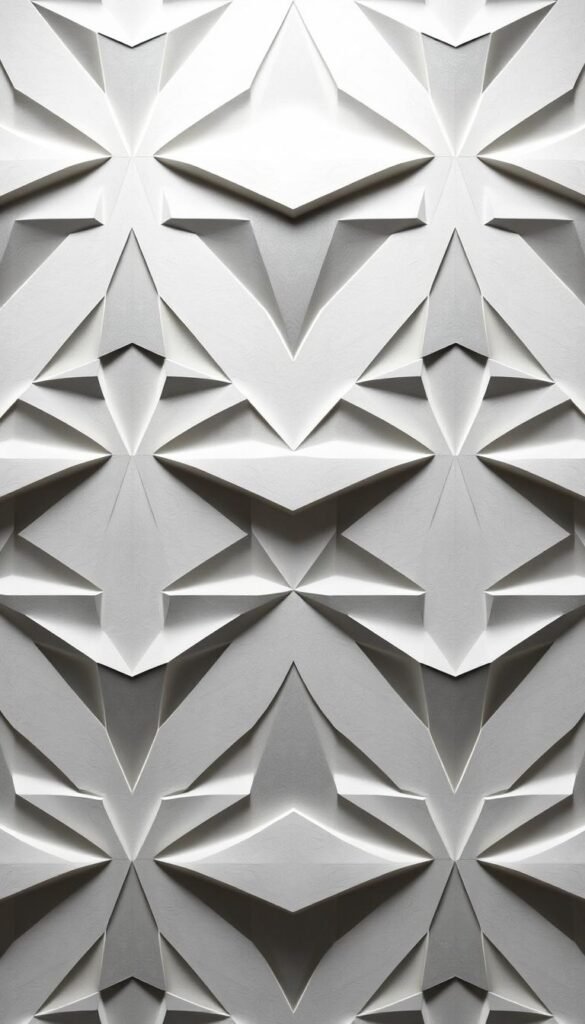A beautifully crafted, modern geometric wallpaper pattern fills the frame, radiating a sense of clean, minimalist elegance. The design features an intricate interplay of bold, angular shapes in a soothing palette of soft grays and whites, creating a harmonious, symmetrical composition. Crisp, even lighting bathes the pattern in a diffuse, shadowless glow, emphasizing its refined, architectural quality. The pattern seamlessly extends to the edges of the frame, creating a captivating, immersive visual experience that would instantly elevate the sophistication of any bedroom space.