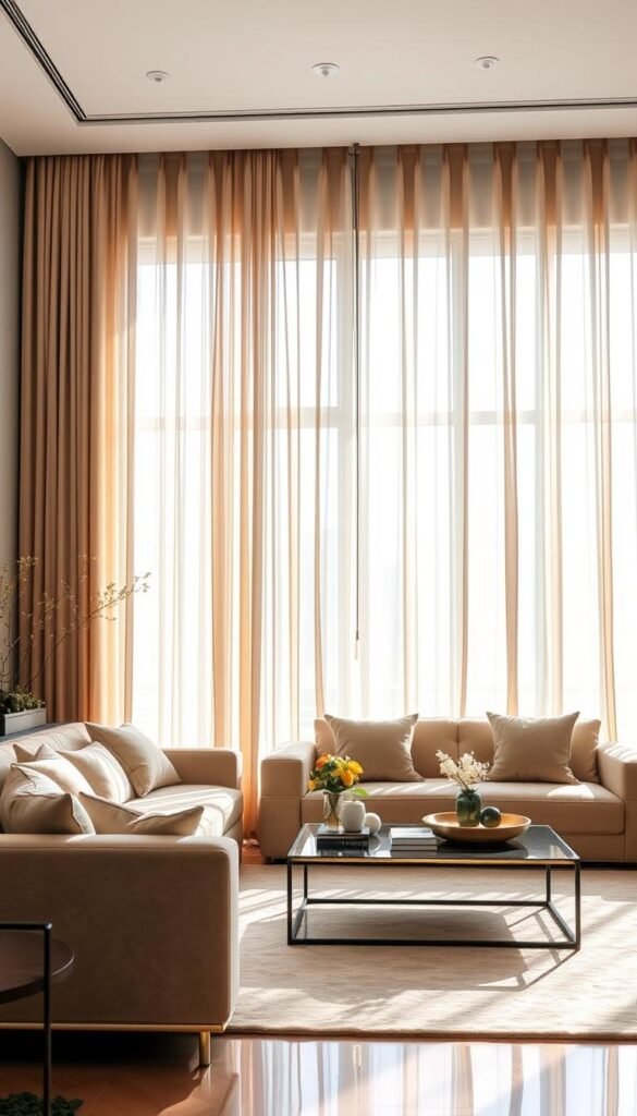 A beautifully designed living room with floor-to-ceiling light control privacy curtains. The curtains are made of a luxurious sheer fabric that gently filters the natural light, creating a warm and inviting ambiance. The curtains are mounted on sleek, modern curtain rods that seamlessly blend into the room's decor. The curtains are positioned in a way that allows for easy opening and closing, providing optimal control over the lighting and privacy levels in the space. The room is bathed in a soft, diffused lighting, creating a serene and relaxing atmosphere. The curtains are complemented by other high-end furnishings, such as a plush sofa and a elegant coffee table, making this a truly luxurious living room setting.