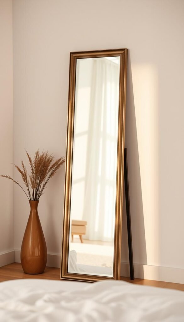 A beautifully lit, full-length dressing mirror set against a serene, minimalist bedroom backdrop. The mirror's sleek, modern frame reflects the room's soft natural light, creating an elegant, spa-like ambiance. The mirror's tall, slender silhouette stands as the centerpiece, its reflective surface capturing the room's tranquil atmosphere. The mirror's functionality is highlighted by its strategic placement, allowing for a comprehensive view of the user's head-to-toe appearance. The composition emphasizes the mirror's role as a practical yet visually striking addition to the bedroom's harmonious design.