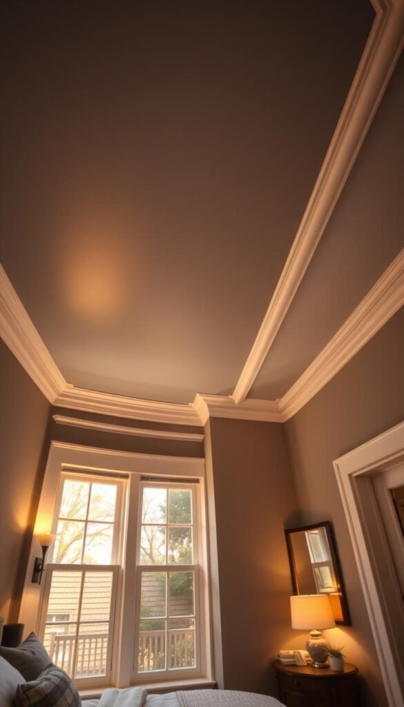 A beautifully lit, high-angle shot of a well-appointed bedroom showcasing the interplay of colors on the ceiling and trim. The ceiling is painted in a soft, muted blue-gray, creating a sense of tranquility and depth. The trim, in a crisp white, accentuates the architectural details and provides a clean, elegant contrast. Warm, indirect lighting from sconces and a large window bathes the scene in a gentle, golden glow, highlighting the textures and shadows. The overall atmosphere is one of serene sophistication, inviting the viewer to imagine how these color techniques could transform a small bedroom into a calming oasis.