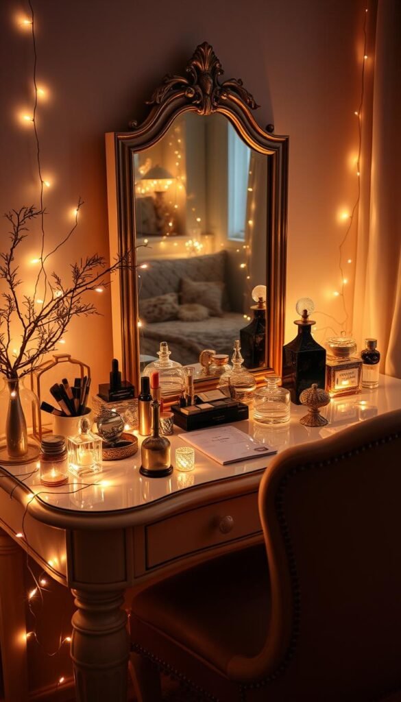 A beautifully styled dressing table bathed in the warm, soft glow of delicate fairy lights. The table's surface is adorned with an assortment of elegant makeup, perfume bottles, and ornate trinkets, creating a captivating, intimate atmosphere. In the background, a large mirror reflects the flickering lights, adding depth and dimension to the scene. Plush fabrics, like a velvet upholstered chair, lend a cozy, inviting feel, while the carefully placed lighting casts enchanting shadows and highlights the table's carefully curated decor. The overall effect is one of effortless sophistication and a touch of whimsical magic, perfectly suited for a cozy, romantic bedroom setting.