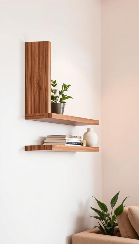 A beautifully styled floating shelf in a modern living room, bathed in warm, soft lighting that accentuates the natural wood grain. The shelf is adorned with a mix of decorative elements - a potted plant, a few carefully selected books, and a minimalist ceramic vase. The arrangement is visually balanced, with each item complementing the others to create a harmonious, functional display. The shelf is mounted on a clean, white wall, allowing the wooden tones to stand out and draw the eye. The overall scene conveys a sense of elegance, simplicity, and purposeful design.