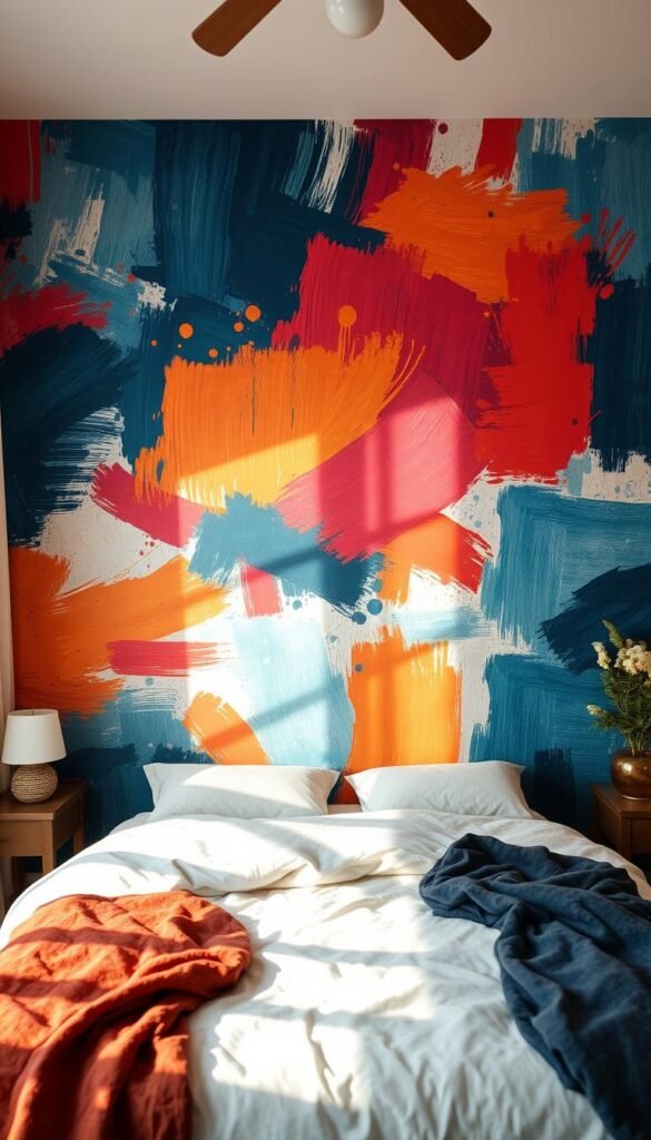 A boldly patterned accent wall, the centerpiece of a cozy bedroom. Layers of textured brushstrokes in vibrant hues of vermilion, ochre, and indigo dance across the canvas, creating a mesmerizing display of artistic expression. Soft natural light filters through sheer curtains, casting a warm glow and highlighting the depth and nuance of the painted surface. The wall serves as a dynamic, one-of-a-kind backdrop, inspiring creativity and inviting the viewer to imagine the boundless possibilities of creative painting techniques.