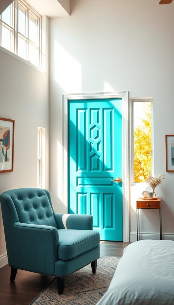 A bright, airy bedroom with a vibrant, painted door serving as the focal point. The door is a bold, turquoise blue, creating a striking contrast against the neutral, white walls. Sunlight streams through large windows, casting a warm, golden glow across the room. The door's intricate, geometric design adds visual interest and depth, drawing the eye inward. A plush, tufted armchair in a complementary hue sits nearby, inviting the viewer to pause and appreciate the carefully curated space. Subtle, scandinavian-inspired decor elements, such as a sleek, wooden side table and minimalist artwork, balance the bold door and create a cohesive, visually striking scene.