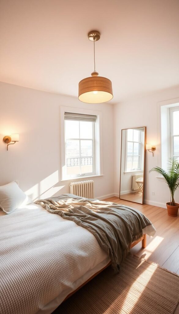 A bright, airy bedroom with clean, minimalist decor. Warm, diffused lighting from wall sconces and a central pendant fixture illuminate the space, creating a cozy ambiance. Soft shadows fall gently across the walls, highlighting the textured surfaces. Large windows let in natural light, blending seamlessly with the artificial illumination. Carefully positioned mirrors strategically reflect light, creating the illusion of depth and amplifying the sense of openness. The overall mood is tranquil and inviting, perfectly suited for a small, well-designed living space.