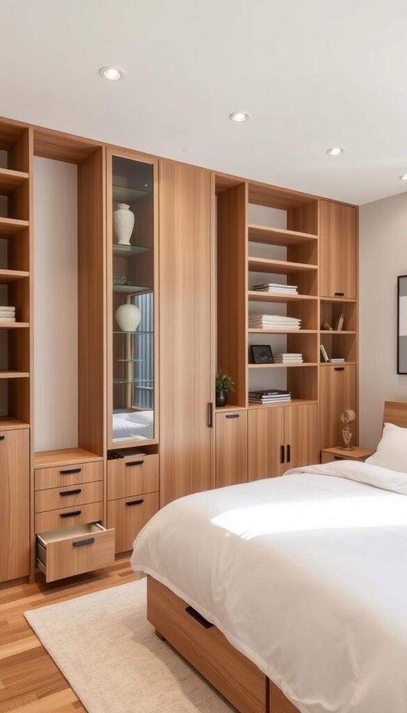 A bright, airy bedroom with elegant, customized built-in storage solutions. Sleek, minimalist shelves and drawers in a warm wood tone blend seamlessly into the walls, maximizing vertical space. A tall, narrow cabinet with glass doors showcases decorative items. Discreet, hidden storage compartments beneath the bed and in the bedside tables offer ample space for clothing, linens, and personal belongings. Soft, diffused lighting from recessed ceiling fixtures creates a cozy, relaxing atmosphere. The composition emphasizes balance, functionality, and a clutter-free, serene aesthetic.