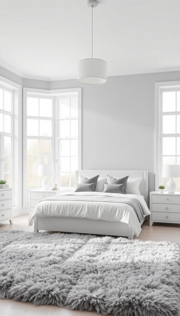 A bright, airy bedroom with elegant white and gray tones. The large, open-framed windows let in natural light, casting a soft glow over the spacious room. The walls are painted in a subtle gray, complemented by plush white bedding and luxurious gray accent pillows. A minimalist white dresser and nightstands provide storage, while a large, fluffy gray area rug anchors the space. Overhead, a simple yet stylish pendant light fixture illuminates the room. The overall atmosphere is one of refined simplicity, creating a calming, serene environment perfect for a good night's rest.