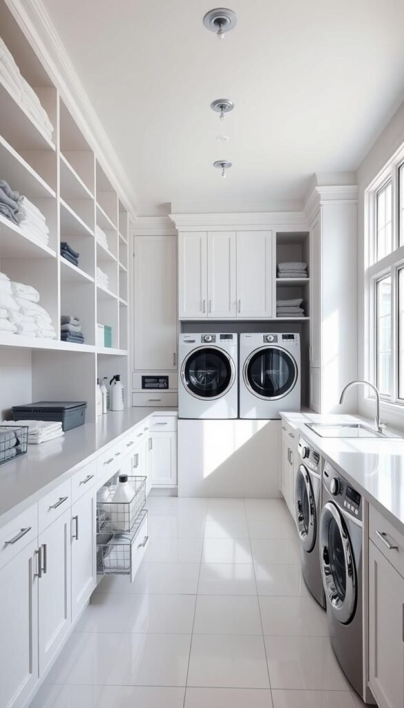 A bright, airy laundry room with ample shelving, cabinets, and organizational systems. Sleek white tile floors, natural light streaming in through large windows, and a modern, minimalist aesthetic. Floating shelves display neatly folded linens, while pull-out drawers and cubbies keep detergents, supplies, and folded clothes tidy and accessible. A central countertop provides a generous workspace, complemented by a high-efficiency washer and dryer in the background. Soft, even lighting illuminates the space, creating a calming and productive atmosphere for effortless laundry tasks. A bright, airy laundry room with ample shelving, cabinets, and organizational systems. Sleek white tile floors, natural light streaming in through large windows, and a modern, minimalist aesthetic. Floating shelves display neatly folded linens, while pull-out drawers and cubbies keep detergents, supplies, and folded clothes tidy and accessible. A central countertop provides a generous workspace, complemented by a high-efficiency washer and dryer in the background. Soft, even lighting illuminates the space, creating a calming and productive atmosphere for effortless laundry tasks.
