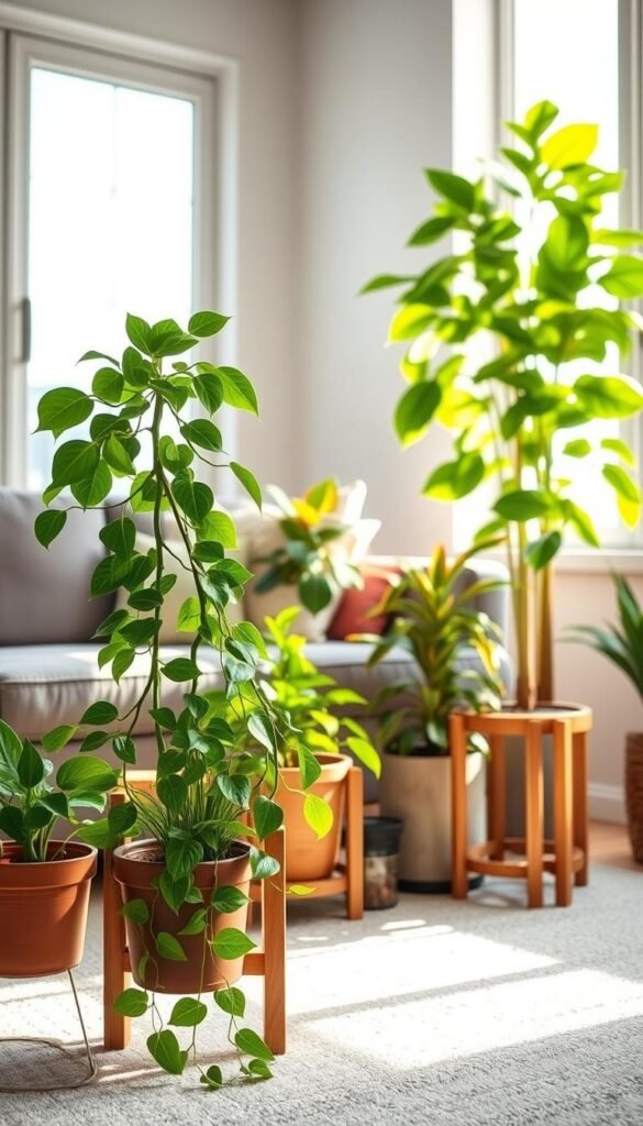 A bright, airy living room setting with several beginner-friendly plants in the foreground, including a lush pothos vine, a small potted snake plant, and a cheerful English ivy trailing down a wooden plant stand. The middle ground features a calathea plant with vibrant, patterned leaves, while a tall, resilient ZZ plant stands tall in the background, bathed in warm, natural lighting from a large window. The overall scene exudes a sense of tranquility and simplicity, inviting the viewer to imagine how these low-maintenance, resilient plants could thrive in a cozy, welcoming home. A bright, airy living room setting with several beginner-friendly plants in the foreground, including a lush pothos vine, a small potted snake plant, and a cheerful English ivy trailing down a wooden plant stand. The middle ground features a calathea plant with vibrant, patterned leaves, while a tall, resilient ZZ plant stands tall in the background, bathed in warm, natural lighting from a large window. The overall scene exudes a sense of tranquility and simplicity, inviting the viewer to imagine how these low-maintenance, resilient plants could thrive in a cozy, welcoming home.