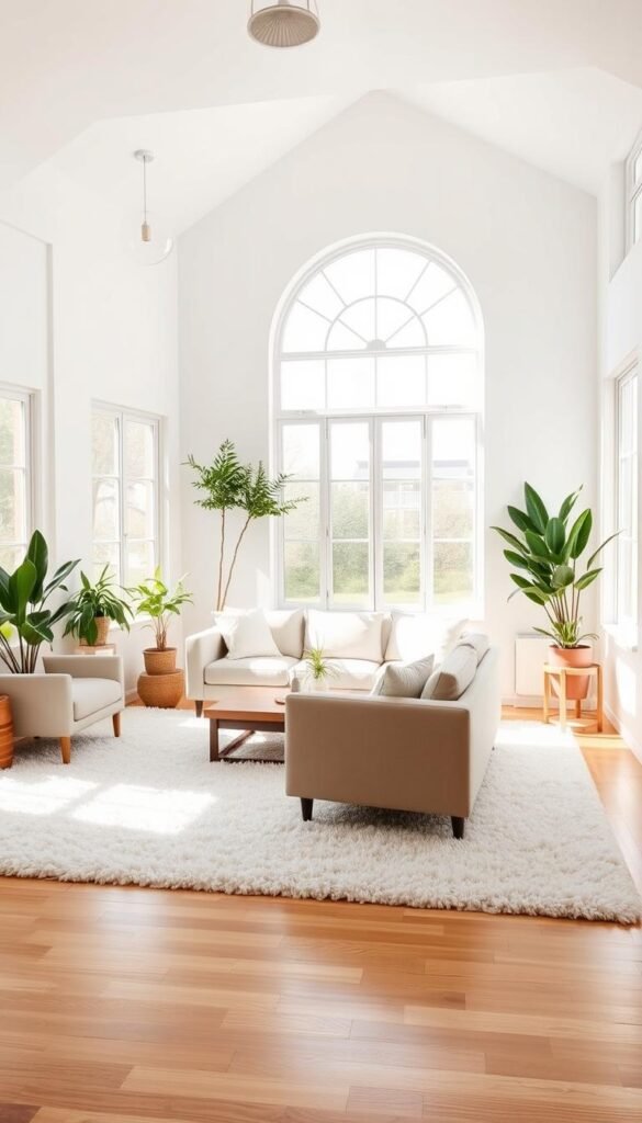 A bright, airy living space filled with natural light streaming through large windows. The room is adorned with a plush, white shag rug that covers the hardwood flooring, creating a cozy and inviting atmosphere. A sleek, minimalist sofa in a neutral tone takes center stage, complemented by matching armchairs and a low, wooden coffee table. Potted plants and a small, geometric side table add pops of greenery and organic elements to the space. The walls are painted in a crisp, bright white, accentuating the sense of openness and tranquility. Soft, diffused lighting from overhead fixtures and a large, arched window casts a warm glow throughout the room, creating a serene and welcoming ambiance.