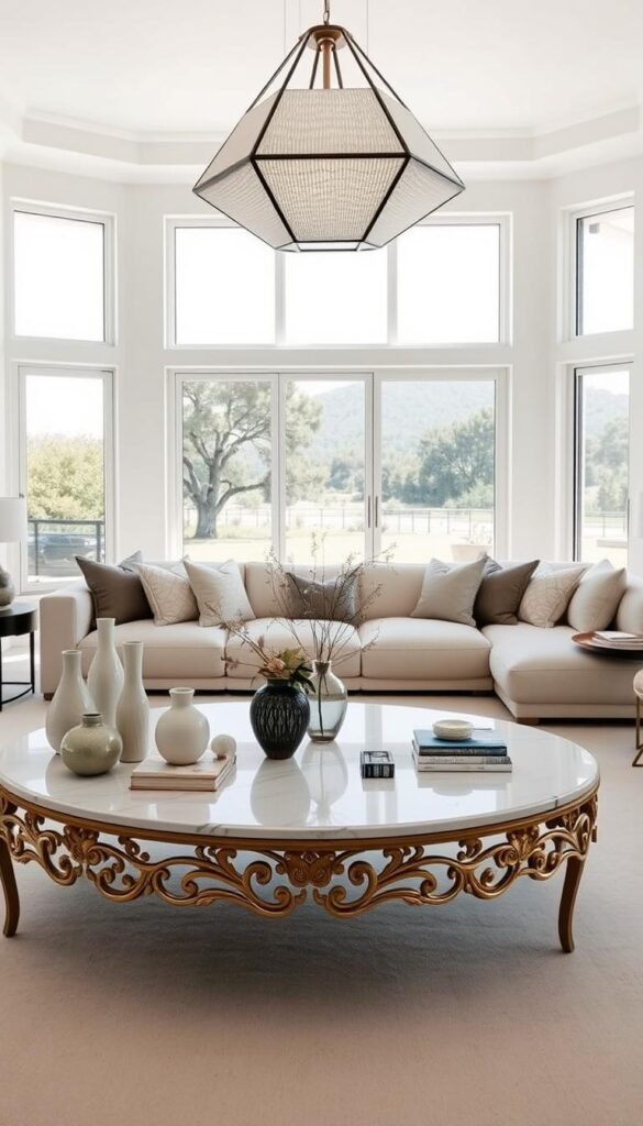 A bright, airy living space with crisp white walls serves as the canvas. In the foreground, an ornate, minimalist coffee table with a marble top and slender brass legs commands attention. Arrayed atop it, a collection of sculptural vases, artfully arranged botanicals, and a stack of art books create a visually captivating tableau. The middle ground features a plush, oversized sectional sofa upholstered in a soft, neutral fabric, complemented by an array of textured throw pillows in muted hues. Suspended overhead, a grand, geometric light fixture casts a warm, diffused glow, illuminating the space. In the background, floor-to-ceiling windows offer a glimpse of the serene, natural landscape beyond, blurring the boundaries between indoors and out. The overall atmosphere is one of refined elegance and thoughtful, layered design.