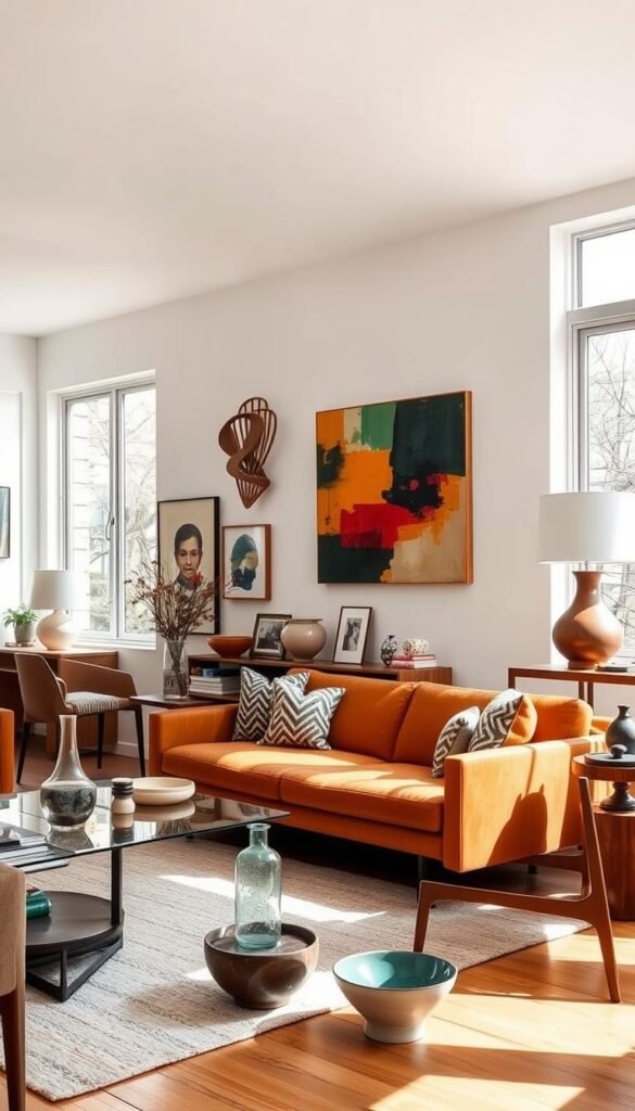 A bright, airy mid-century modern living room, filled with a curated collection of art and accessories. In the foreground, a sleek, low-profile sofa in a warm, earthy tone, accented by a pair of matching armchairs. On the walls, an abstract expressionist painting in bold, vibrant colors, alongside a geometric wall sculpture in brushed metal. Scattered throughout the space, decorative objects like a Danish modern table lamp, a hand-blown glass vase, and a mid-century inspired ceramic bowl. The room is bathed in natural light, streaming in through large windows, creating a harmonious and inviting atmosphere.