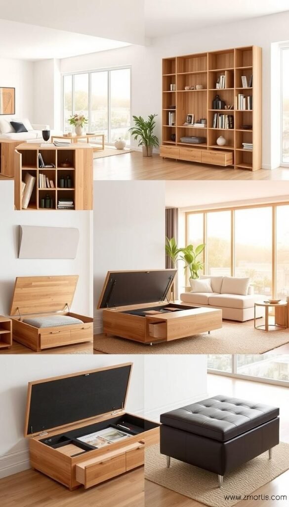 A bright, airy modern living room with minimalist furniture and natural wood accents. In the foreground, various creative storage solutions are showcased, including a wall-mounted shelving unit with concealed compartments, a multifunctional coffee table with hidden drawers, and a sleek storage ottoman doubling as a side table. The middle ground features a comfortable sectional sofa and potted plants, while the background depicts large windows overlooking a serene outdoor scene, bathing the room in warm, diffused natural light. The overall atmosphere is one of calm, clutter-free living with a focus on maximizing space and style.