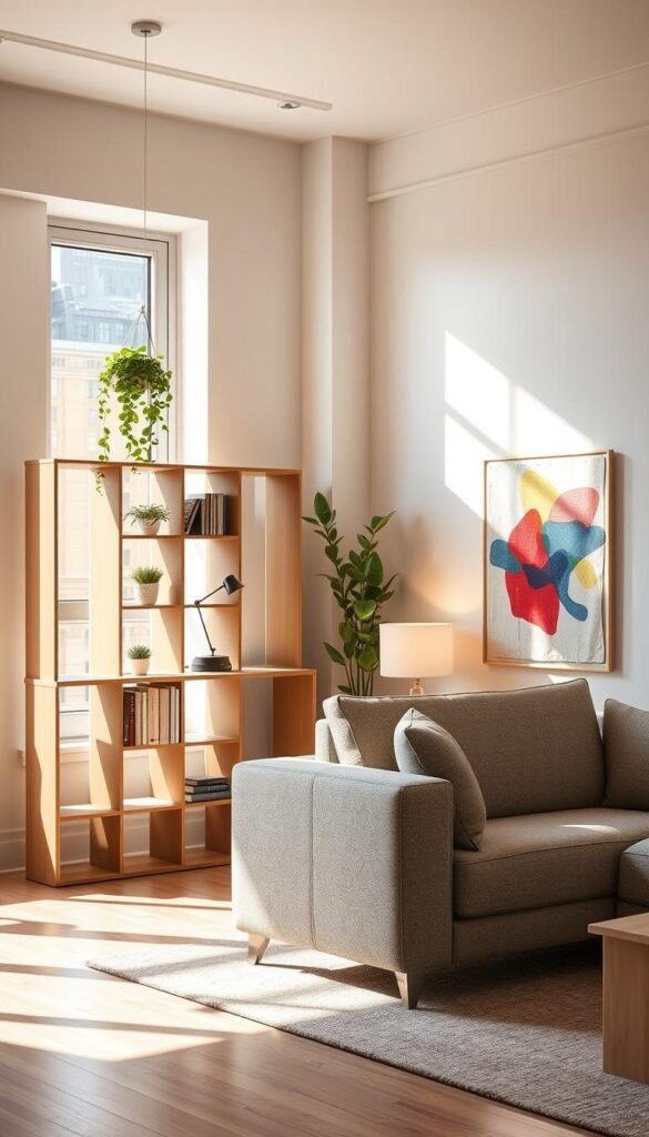 A bright, airy one-bedroom apartment with natural light streaming through large windows. In the foreground, a sleek, modular bookshelf doubles as a room divider, creating a cozy nook for a small desk and chair. Hanging plants and a minimalist lamp add pops of greenery and warm lighting. In the middle ground, a plush, convertible sofa unfolds into a comfortable bed, showcasing a renter-friendly, multifunctional design. The background features clean, white walls, accented by a vibrant, abstract wall hanging that adds a touch of personality. The overall atmosphere is one of efficiency, flexibility, and style - a harmonious blend of form and function for the modern renter. A bright, airy one-bedroom apartment with natural light streaming through large windows. In the foreground, a sleek, modular bookshelf doubles as a room divider, creating a cozy nook for a small desk and chair. Hanging plants and a minimalist lamp add pops of greenery and warm lighting. In the middle ground, a plush, convertible sofa unfolds into a comfortable bed, showcasing a renter-friendly, multifunctional design. The background features clean, white walls, accented by a vibrant, abstract wall hanging that adds a touch of personality. The overall atmosphere is one of efficiency, flexibility, and style - a harmonious blend of form and function for the modern renter.