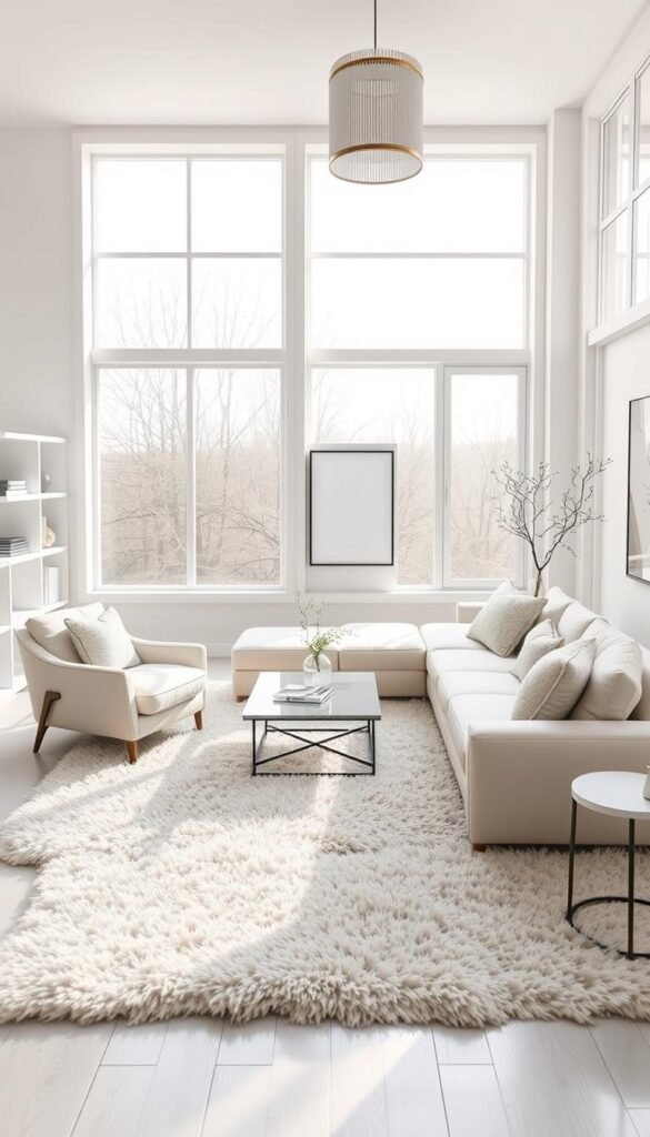 A bright, airy white living room with a plush sectional sofa, a cozy armchair, and a modern coffee table. Large windows flood the space with natural light, casting a soft, warm glow. A fluffy area rug grounds the seating arrangement, while sleek white shelves display decorative accents. Minimalist wall art and a statement light fixture add visual interest. The room exudes a sense of tranquility and sophistication, inviting relaxation and conversation.