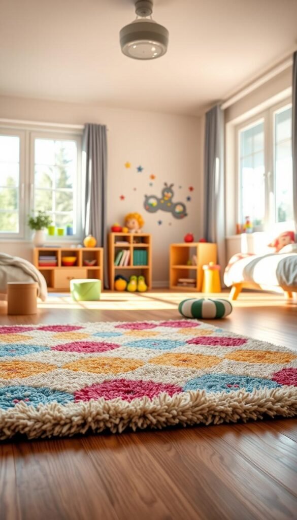 A bright and cheerful children's bedroom with durable, easy-to-clean flooring. Plush, multicolored area rug in the foreground, complementing a wood-look laminate or luxury vinyl tile floor in a medium tone. Warm, natural lighting filters in through large windows, casting a cozy glow. Playful accents like colorful wall decals or murals in the background add visual interest. The overall atmosphere is inviting and family-friendly, with the flooring designed to withstand the active exploration of young imaginations. A bright and cheerful children's bedroom with durable, easy-to-clean flooring. Plush, multicolored area rug in the foreground, complementing a wood-look laminate or luxury vinyl tile floor in a medium tone. Warm, natural lighting filters in through large windows, casting a cozy glow. Playful accents like colorful wall decals or murals in the background add visual interest. The overall atmosphere is inviting and family-friendly, with the flooring designed to withstand the active exploration of young imaginations.