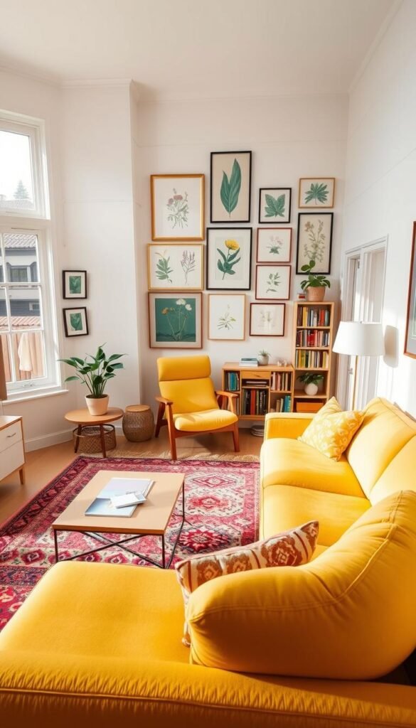 A bright, cheerful living room with a mix of modern and vintage decor elements. A large window fills the space with natural light, casting a warm glow on the room. In the foreground, a plush sofa in a vibrant yellow hue takes center stage, surrounded by a coffee table with a simple yet striking geometric design. On the walls, an eclectic gallery wall showcases a variety of framed artwork and botanical prints, creating a visually stimulating display. The middle ground features a colorful patterned area rug, complemented by a mid-century modern armchair and a wooden side table with a potted plant. The background reveals a cozy reading nook with a comfortable armchair and a bookshelf filled with colorful books. The overall atmosphere is one of warmth, happiness, and practical, functional decor.