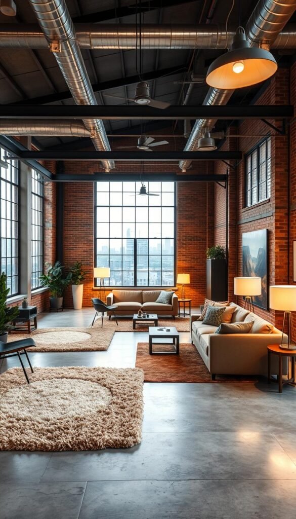 A bright, modern industrial loft with an open floor plan. In the center, several distinct seating areas are defined by plush, textured area rugs in muted earth tones. The rugs create cozy, intimate zones within the larger open space. Warm, diffused lighting from floor lamps and overhead fixtures casts a soft glow, highlighting the mix of mid-century and industrial furnishings. The concrete floors, exposed brick walls, and metal beams create a sleek, urban backdrop. Through the large windows, the cityscape is visible in the distance, adding a sense of place. Overall, the scene exudes a stylish, effortless vibe that invites relaxation and casual gatherings.
