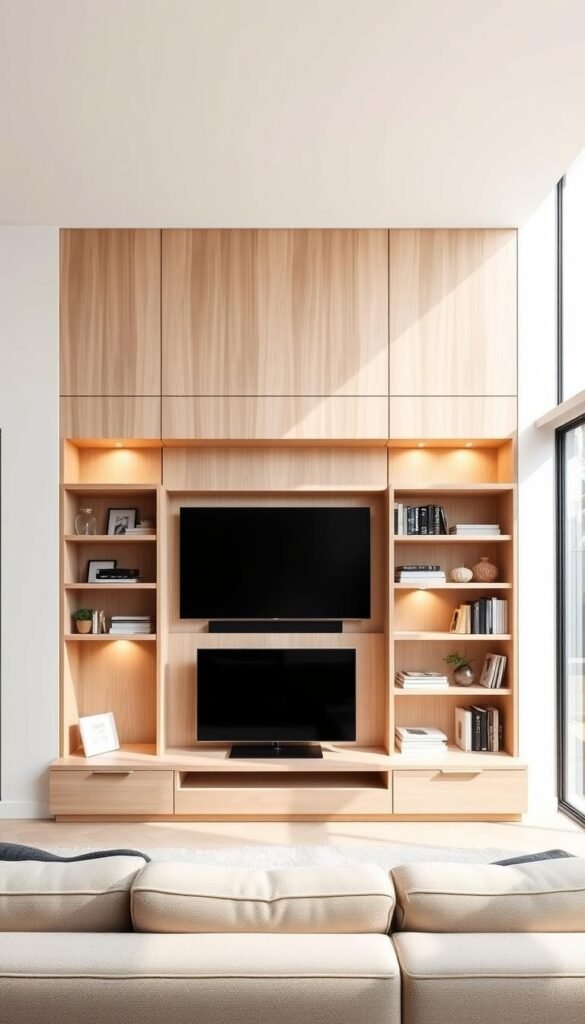 A built-in media wall unit, seamlessly integrated into a modern, minimalist living room. Sleek, floating shelves in light wood tones, accented by recessed task lighting, creating a warm, inviting ambiance. The center features a flush-mounted flat-screen TV, flanked by concealed storage compartments and cubbies for media devices, books, and decorative items. The surrounding walls are painted in a soft, neutral palette, allowing the media unit to take center stage as a striking architectural feature. The room is bathed in natural light, filtering in through large windows, complementing the clean, contemporary aesthetic. A low, plush sofa faces the media wall, inviting relaxation and immersion in the entertainment experience.