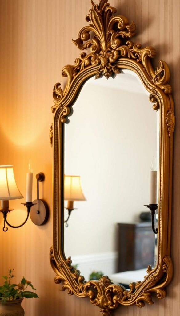 A charming French mirror decor set against a backdrop of warm, golden lighting. In the foreground, an ornate, gilded mirror with intricate floral and leaf motifs, reflecting the room's elegance. In the middle ground, delicate sconces flanking the mirror, casting a soft, ambient glow. In the background, a neutral-toned wall with subtle, textured wallpaper, complementing the refined, luxurious atmosphere. The composition is balanced, with the mirror as the focal point, radiating a sense of timeless French sophistication. Capturing the essence of the "Mirror Magic: Reflecting French Elegance Throughout Your Room" section.