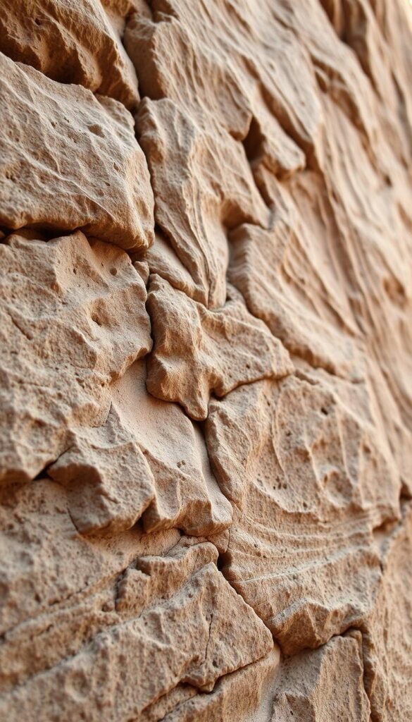 A close-up view of natural stone textures, showcasing the intricate patterns, crevices, and organic variations. The foreground highlights the rugged, weathered surface of granite or sandstone, with a matte, earthen tone. The midground reveals the subtle layering and gentle striations within the stone, while the background subtly blends into a softly diffused, natural light source, creating depth and dimensionality. The overall mood is one of understated elegance, evoking a sense of timelessness and grounding within the natural world.