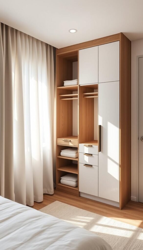 A compact yet stylish corner wardrobe for a small bedroom, illuminated by soft, natural lighting filtering through sheer curtains. The wardrobe features clean, minimalist lines with a mix of closed and open shelving, allowing for efficient storage and display. Warm wooden accents complement the neutral color palette, creating a cozy and inviting atmosphere. The wardrobe is positioned at a subtle angle, maximizing the available floor space and seamlessly integrating into the room's layout. The overall design strikes a balance between functionality and aesthetics, making the most of the limited square footage. A compact yet stylish corner wardrobe for a small bedroom, illuminated by soft, natural lighting filtering through sheer curtains. The wardrobe features clean, minimalist lines with a mix of closed and open shelving, allowing for efficient storage and display. Warm wooden accents complement the neutral color palette, creating a cozy and inviting atmosphere. The wardrobe is positioned at a subtle angle, maximizing the available floor space and seamlessly integrating into the room's layout. The overall design strikes a balance between functionality and aesthetics, making the most of the limited square footage.