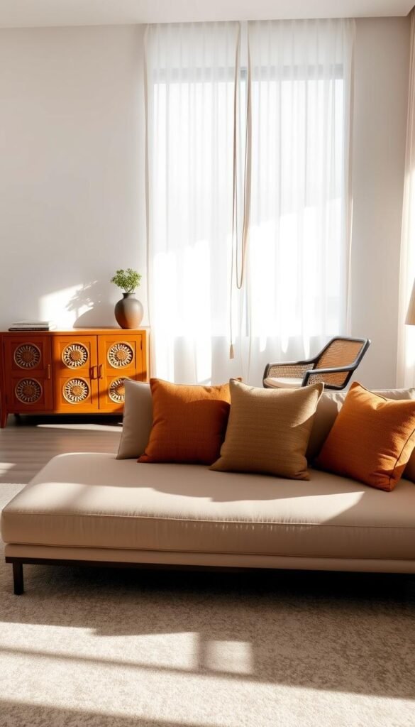 A contemporary Indian living room with a minimalist yet culturally-infused aesthetic. In the foreground, a sleek sofa with clean, angular lines sits atop a patterned rug, accented by plush, textured throw pillows in earthy tones. Against the wall, a low-profile wooden sideboard displays intricate hand-carved motifs, casting warm shadows across the space. In the middle ground, a pair of modern armchairs with gently curved frames and woven seat backs create a cozy conversation area. The background features a large window that floods the room with natural light, framed by sheer curtains that billow softly. Overall, the scene evokes a sense of elegant simplicity, blending contemporary design with traditional Indian design elements.