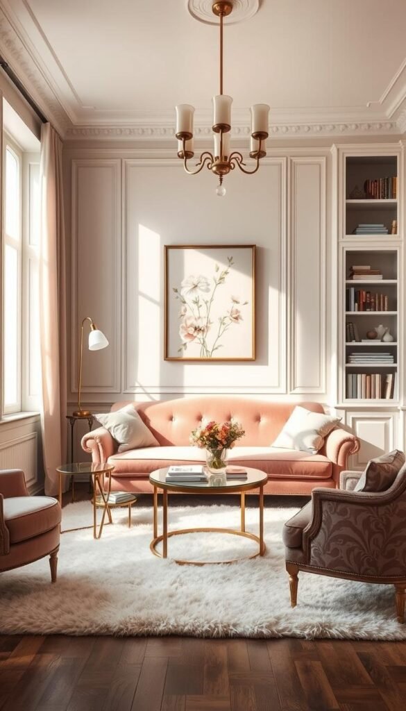 A cozy French living room with a refined color palette. Soft dusty rose velvet sofa, antique gold side tables, and a plush ivory rug create a luxurious yet inviting atmosphere. Delicate floral wall decor in muted hues, offset by the warm glow of a brass chandelier. Sunlight streams through tall windows, casting a gentle light across the space. Elegant bookshelves in distressed white wood frame the scene, hinting at the owner's refined tastes. This harmonious blend of colors and textures evokes the refined elegance of French interior design.