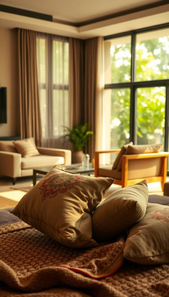 A cozy Indian living room, illuminated by warm, natural lighting. In the foreground, traditional textiles in muted earth tones - a plush, hand-woven rug, and delicately embroidered throw pillows. The middle ground features sleek, minimalist furniture in natural wood and neutral fabrics, complementing the textiles. In the background, subtly patterned curtains frame large windows, allowing the outdoor greenery to peek through. The overall atmosphere exudes a harmonious blend of cultural heritage and modern, pared-back design.