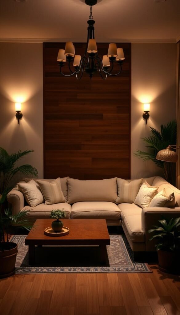 A cozy, L-shaped sofa nestled in a warm, intimate living room setting. Soft, indirect lighting from wall sconces and a central chandelier creates a inviting ambiance. The sofa is upholstered in a plush, neutral-toned fabric, complemented by decorative throw pillows. Surrounding the sofa, a wood-paneled accent wall adds depth and texture. In the foreground, a low, wooden coffee table anchors the arrangement, while potted plants and a decorative rug soften the space. The overall mood is one of relaxed sophistication, perfect for casual gatherings and quiet conversation.