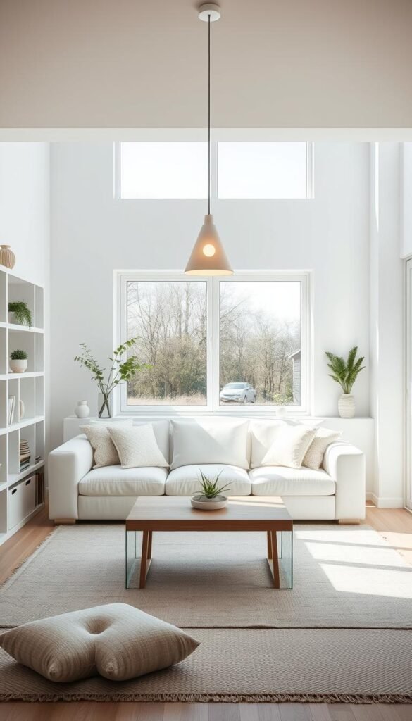 A cozy Scandinavian living room with a minimalist, bright, and airy design. A large white sectional sofa with plush textured cushions nestled in front of a floor-to-ceiling window, allowing natural light to flood the space. Sleek white shelving units line the walls, displaying decorative objects and plants. A neutral-toned rug grounds the space, with a low wooden coffee table in the center. Soft, diffused lighting from a modern pendant lamp casts a warm glow, complementing the clean, serene atmosphere. The overall scene evokes a sense of calm, comfort, and Scandinavian design principles.