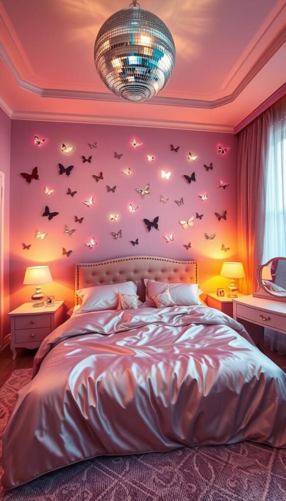 A cozy Y2K-inspired bedroom with a shimmering disco ball casting dazzling light across the room. Soft pastel walls adorned with whimsical butterfly silhouettes flutter gently, creating an enchanting atmosphere. A plush bed is draped in luxurious satin sheets, complemented by retro-inspired nightstands and a vanity table featuring butterfly-shaped accents. Warm, ambient lighting filters through translucent curtains, adding to the nostalgic, dreamlike ambiance. The scene is captured with a wide-angle lens, highlighting the harmonious blend of contemporary and vintage elements that evoke the spirit of the Y2K era.