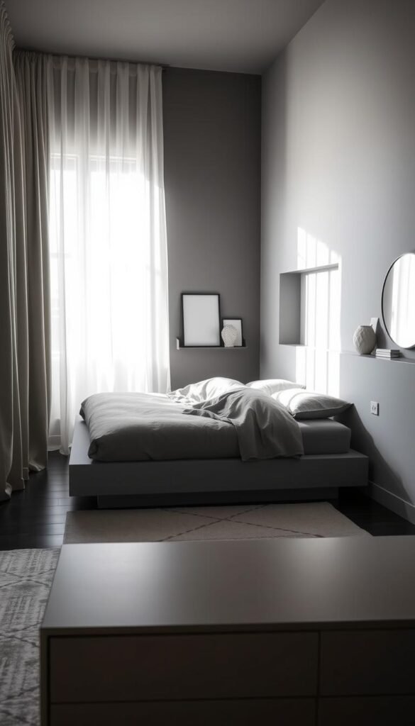 A cozy, adaptable grey bedroom space with clean lines and soft textures. Natural light filters through sheer curtains, illuminating a minimalist platform bed with plush grey bedding. Alongside, a recessed wall niche displays decorative objects. In the foreground, a low-profile dresser grounds the space, its simple silhouette complemented by a round mirror. The overall atmosphere is serene and calming, suggesting how this bedroom can be tailored to fit any size or layout.