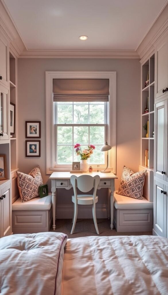 A cozy and charming girl's bedroom with custom built-in furniture. In the foreground, a spacious window seat with plush cushions and decorative throw pillows, providing a cozy reading nook. Flanking the window, built-in bookshelves and cabinets in a soft pastel color, adorned with framed art and personal trinkets. The middle ground features a vintage-inspired writing desk and chair, with a modern task lamp and vase of fresh flowers. In the background, a warm, ambient lighting illuminates the room, creating a serene and inviting atmosphere. The overall design blends classic and contemporary elements, reflecting the unique personality of the young occupant.