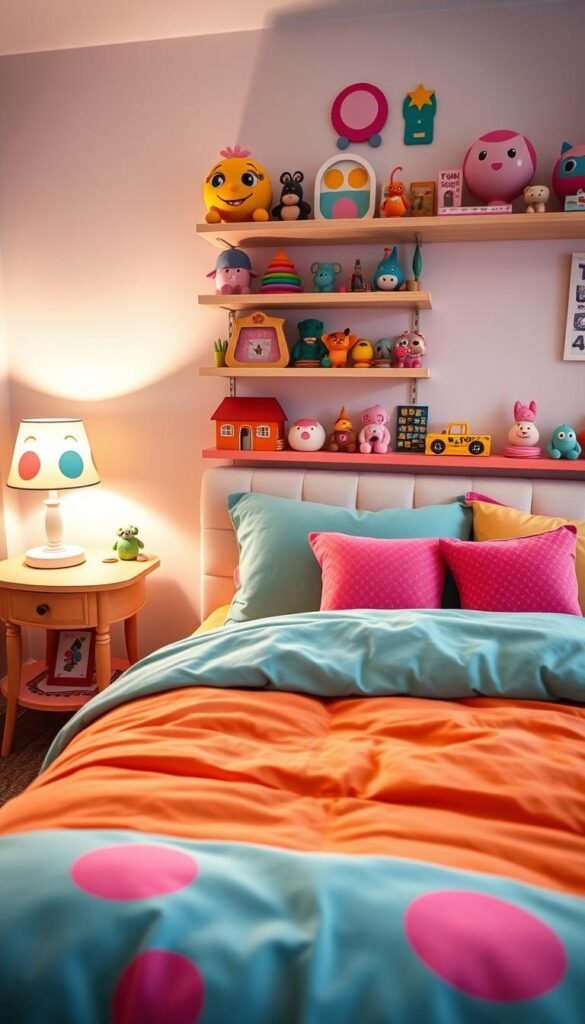 A cozy and colorful Toca Boca-inspired bedroom scene. A plush, oversized bed with vibrant bedding and playful accent pillows takes center stage. Beside it, a whimsical nightstand holds a lamp with a quirky, animated shade. In the background, a wall-mounted shelving unit displays an array of Toca Boca-themed toys, trinkets, and décor. Soft, diffused lighting casts a warm glow throughout the space. The angle is slightly elevated, giving a birds-eye perspective that invites the viewer to imagine themselves in this enchanting, imaginative setting. A cozy and colorful Toca Boca-inspired bedroom scene. A plush, oversized bed with vibrant bedding and playful accent pillows takes center stage. Beside it, a whimsical nightstand holds a lamp with a quirky, animated shade. In the background, a wall-mounted shelving unit displays an array of Toca Boca-themed toys, trinkets, and décor. Soft, diffused lighting casts a warm glow throughout the space. The angle is slightly elevated, giving a birds-eye perspective that invites the viewer to imagine themselves in this enchanting, imaginative setting.