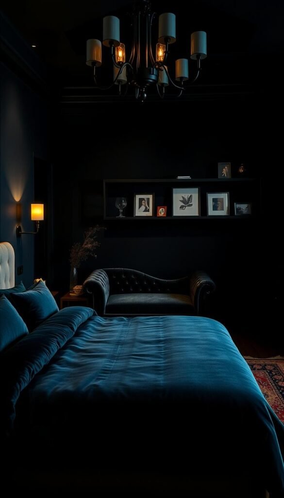 A cozy and dramatic bedroom sanctuary, bathed in rich, dark hues. In the foreground, a sumptuous king-size bed with plush velvet bedding in deep shades of navy and emerald. Ambient lighting casts a warm, moody glow, with dimmed wall sconces and a statement chandelier overhead. The middle ground features a luxurious, tufted chaise lounge in a velvety charcoal, complemented by a vintage Persian rug in shades of burgundy and midnight. The background showcases a feature wall in a bold, inky black, accentuated by floating shelves displaying curated artwork and decorative objects. Soft textures, rich materials, and a refined, elegant aesthetic create an intimate, cocoon-like atmosphere, perfect for a romantic retreat.